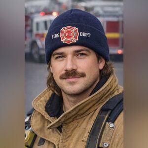 Fire Department Knit Cuff Beanie Navy Blue and Red